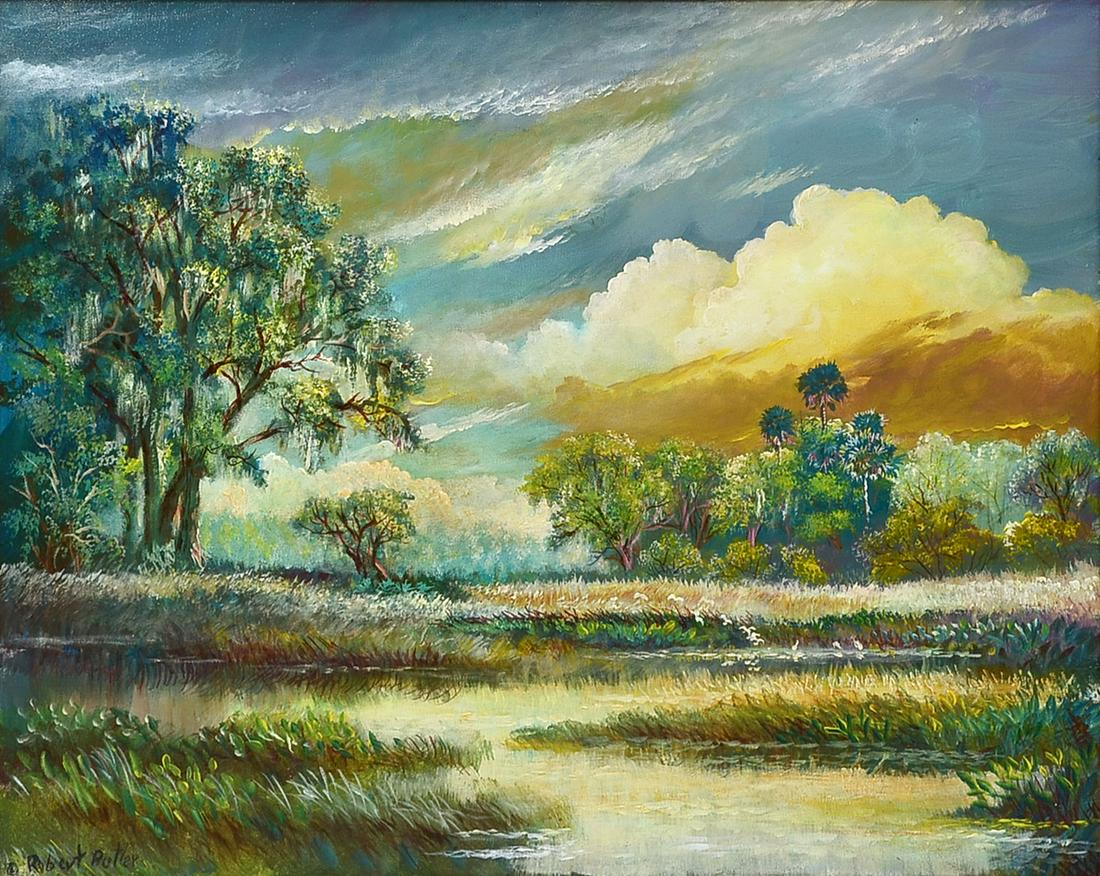 ROBERT BUTLER FLORIDA HIGHWAYMEN PAINTING: BUTLER, Robert, (American, 1943 - 2014): "Everglades Storm", Florida Highwaymen Backwater Scene with Interesting Cloud Formation and Color, Oil on Canvas, 22" x 28", signed lower left, Jim Fitch pecky