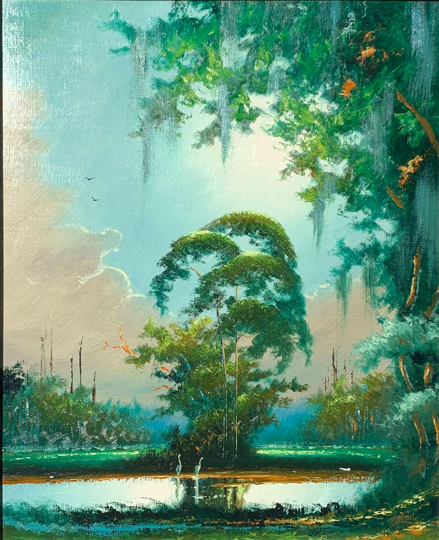 JOHNNY DANIELS FLORIDA HIGHTWAYMEN LAGOON PAINTING: DANIELS, Johnny, (American, 1954 - 2009): Florida Highwaymen Lagoon Scene with Herons and Spanish Moss, Oil on Upson, 30'' x 24'', signed lower right, framed, 34.5'' x 28.5''.