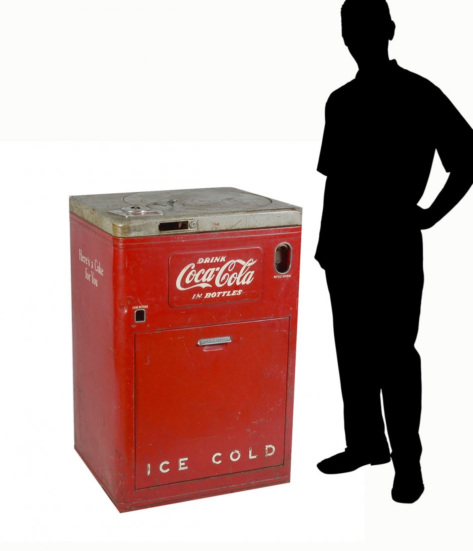 1950'S COCA-COLA COIN-OP ORIGINAL PAINT: 1950'S COCA-COLA COIN-OP ORIGINAL PAINT: Mid-century Coin-operated Coca-Cola vending machine, by Vendo. Top lid for loading beverages, Lower front door opens to reveal bottle storage. Model #A23B10K. 