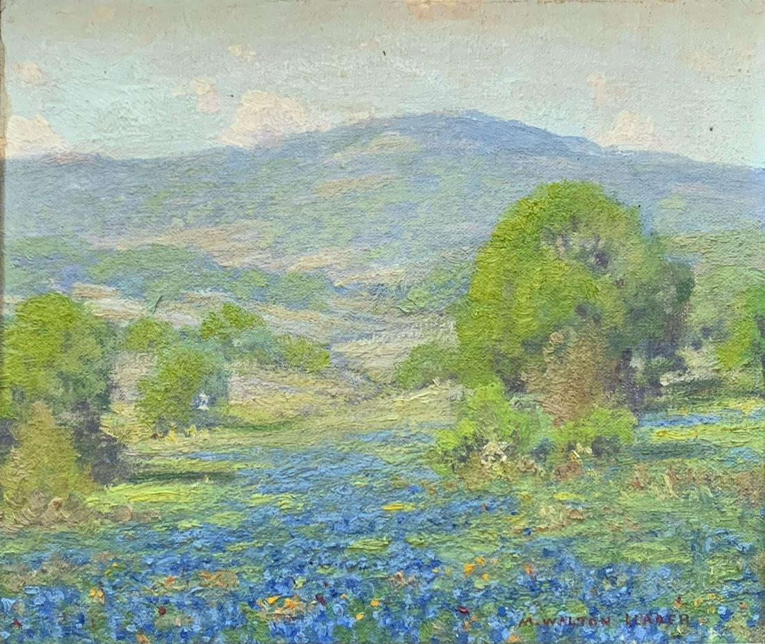 M. WALTEN LEADER TEXAS BLUEBONNETS PAINTING: LEADER, Morris Walton, (American, 1877 - 1966): "Bluebonnets" Scene Near Austin, Oil on Canvas, 10" x 12", signed lower right, signed and titled verso, "Dedicated to George and Meagan", gilded and car