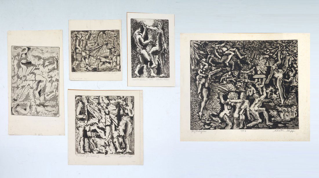5 SALVATORE GRIPPI MYTHOLOGICAL WOODCUTS: GRIPPI, Salvatore, (American, b. 1921): 5 pc Woodcut lot to include; 1) 2 prints of "The Death of the Niobids II", one is signed and titled, dated 1952, 12.5" x 15" with margins: 2) "Macabre Dancer I"