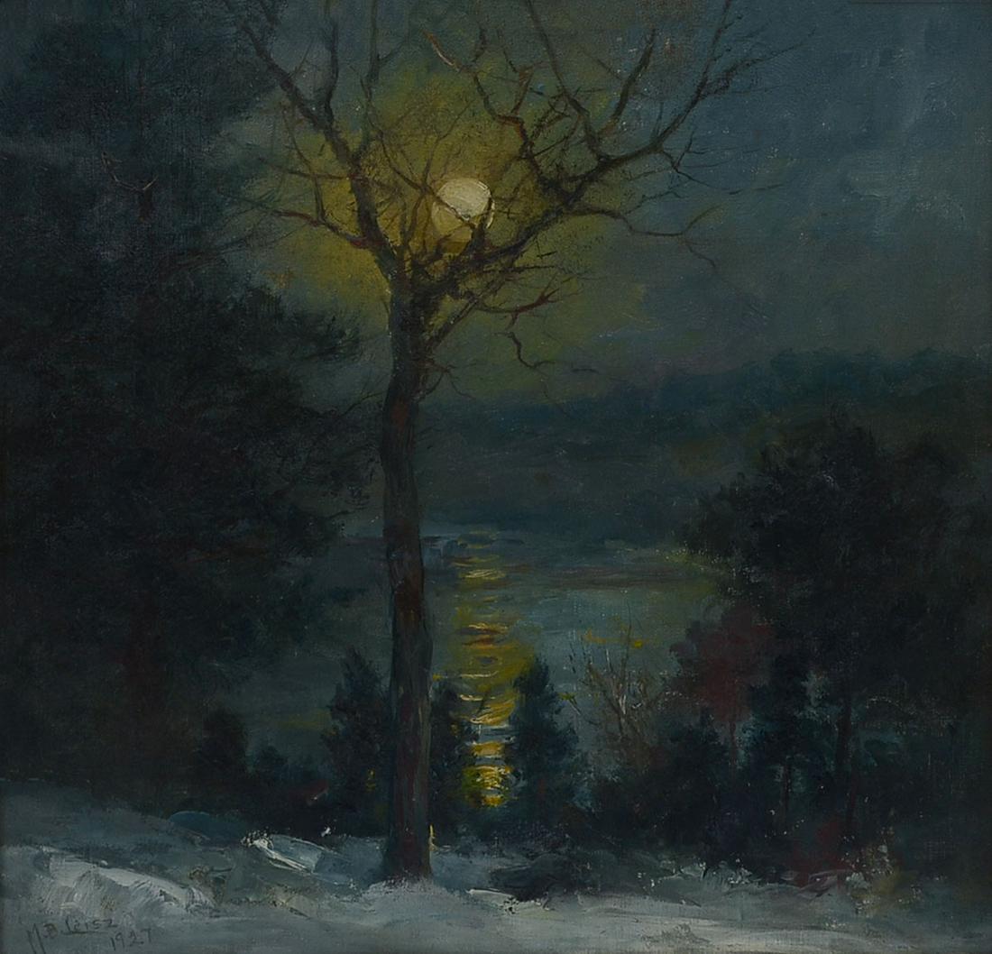 MARY LEISZ MOONLIT LAKESIDE PAINTING: LEISZ, Mary, (American, 1876 - 1931): ''A Misty Night'', Oil on Canvas, 15'' x 15.5'', signed lower left, dated 1927, framed, 17.5'' x 18.25''.