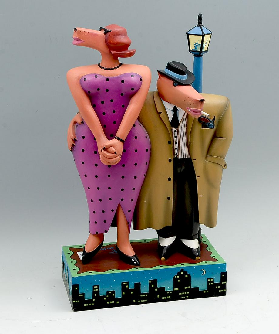 MARKUS PIERSON PAINTED SCULPTURE: PIERSON, Markus, (American, 1961-): "Gumshoe and Dame", Painted Wood Sculpture, 21.5" h., monogramed, numbered 29/350, dated 1989.