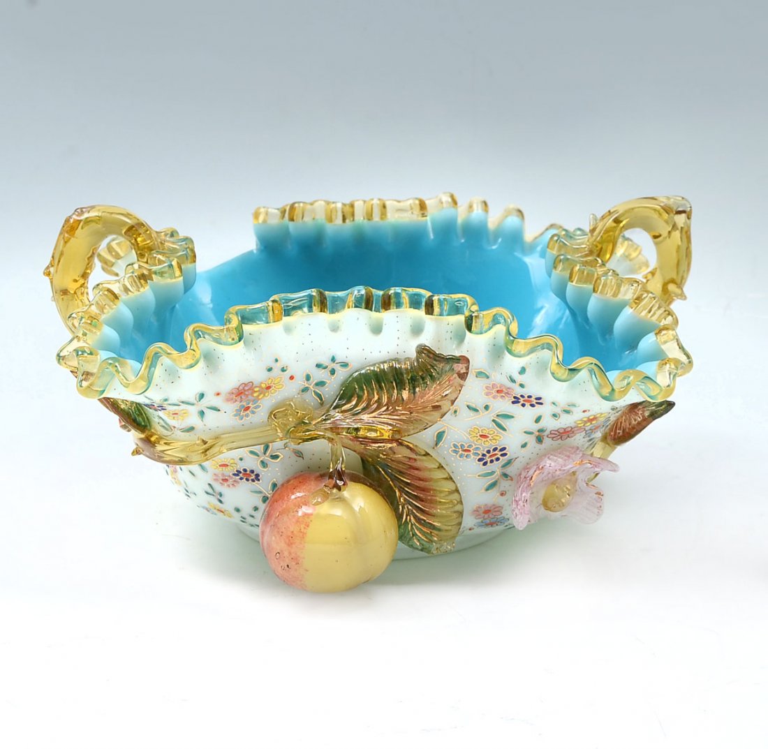 INCREDIBLE ART GLASS BOWL ATTRIB. STEVENS & WILLIAMS: INCREDIBLE ART GLASS BOWL ATTRIB. STEVENS & WILLIAMS: Massive enamel decorated cased bowl with applied apple and flower ornaments. Blue casing and amber trim. Even with the unfortunate large chip on h