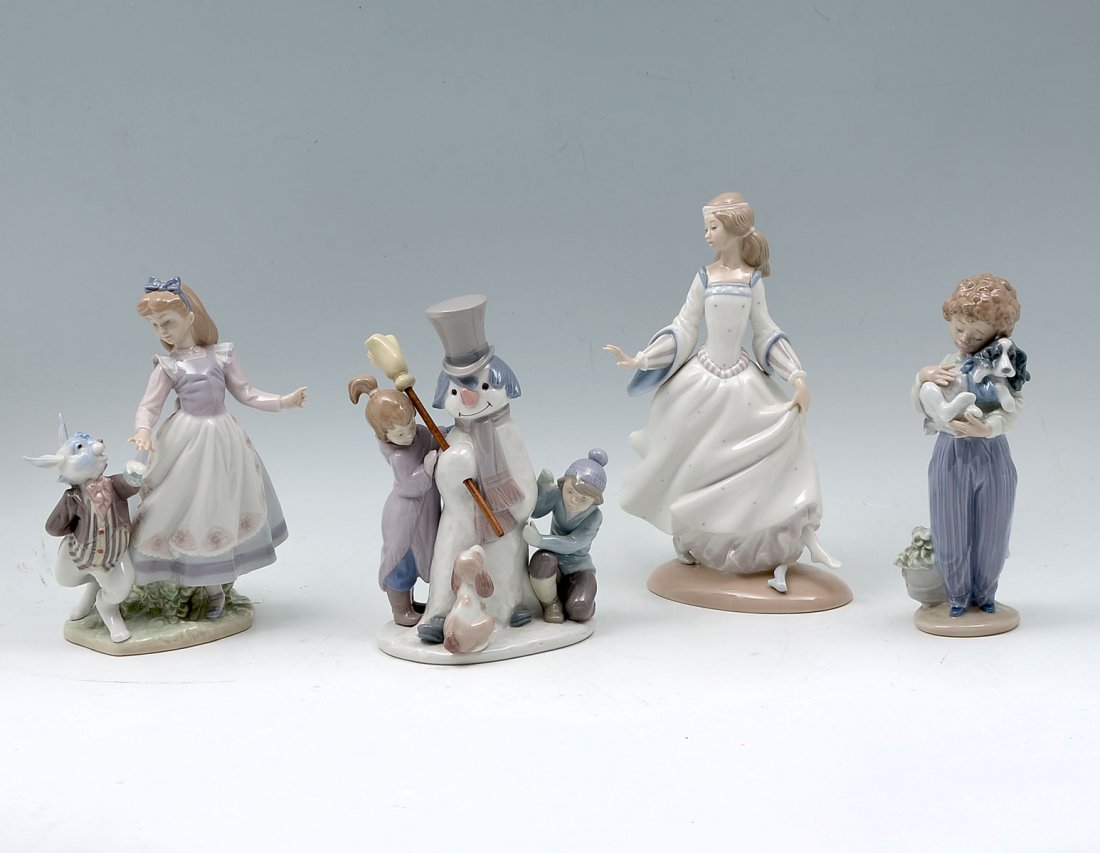 4 PC LOT LLADRO FIGURINES: 4 PC LOT LLADRO FIGURINES: ''My Buddy'', #7609, 1989-1992; ''Cinderella'', #4828, 1972-1988; ''The Snowman'', #5713, issued 1990; ''Alice in Wonderland, 1991-1998, #5740.