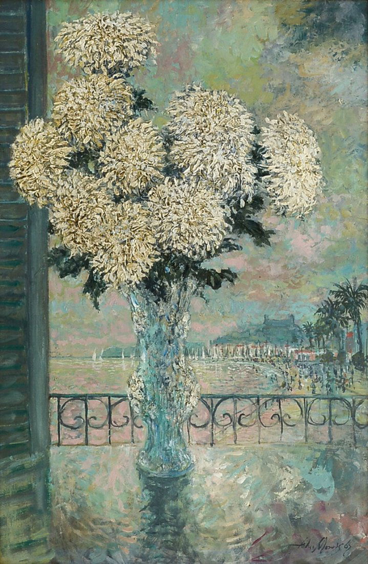 JOHN MORRIS PROMENADE PAINTING NICE FRENCH RIVIERA: MORRIS, John, (American, 1920-1991): Still Life Of Carnations Sitting On A Window Sil Overlooking The Promenade, In Nice France, French Riviera, Oil/Board, 30" x 20", Signed lower right, Dated 67, Fra