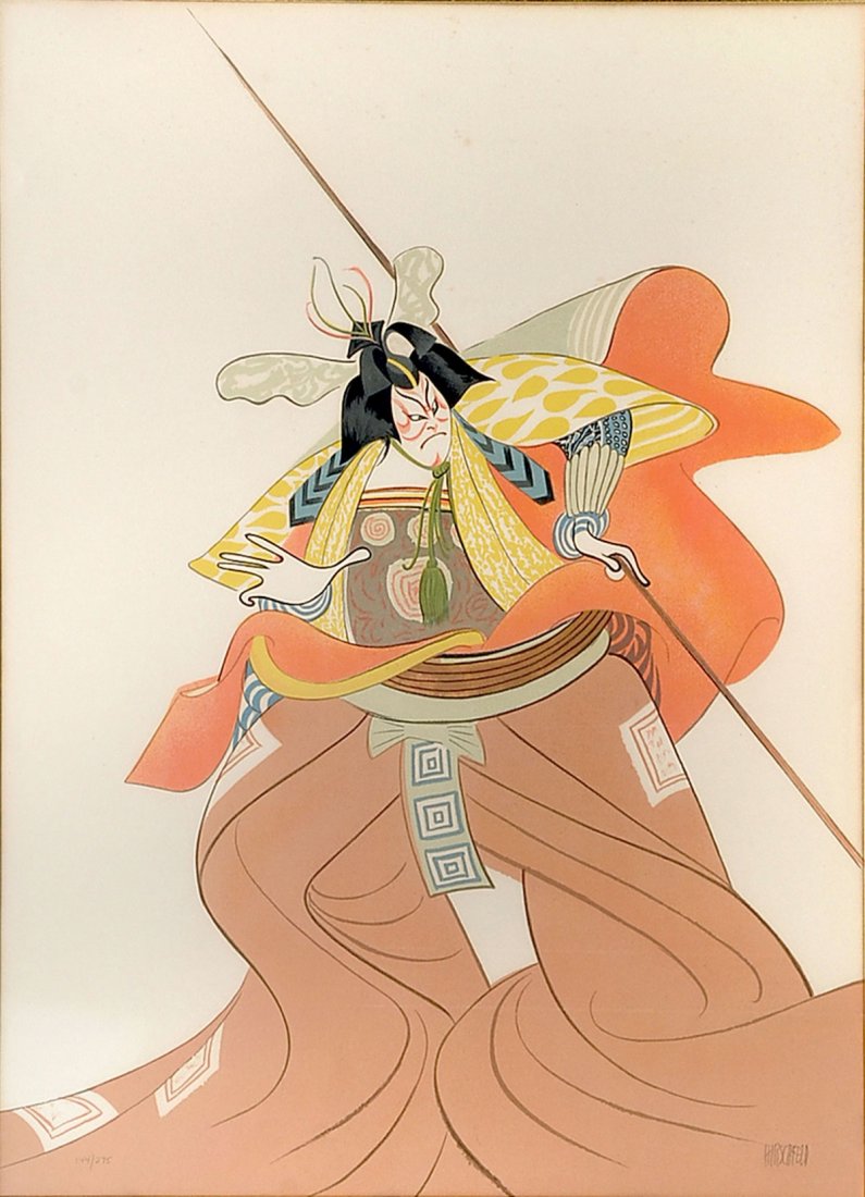 AL HIRSCHFELD KABUKI SHIBARAKU WARRIOR LITHOGRAPH: HIRSCHFELD, Al, (American, 1903-1979): ''Kabuki Shibaraku'', Lithograph, sight size 29'' x 20.5'', signed lower right and numbered lower left limited edition #144/275, framed, 38.25'' x 28''.