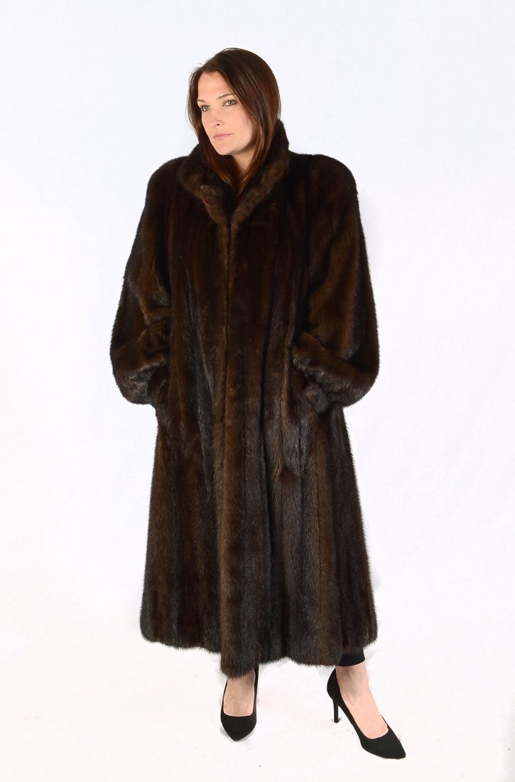 MAHOGANY FULL-LENGTH MINK COAT: MAHOGANY FULL-LENGTH MINK COAT: This gorgeous mahogany mink is approximately size 10 to 12. Has two side slit pockets with a matching satin lining, which is monogrammed. Kept in cold storage at Macys