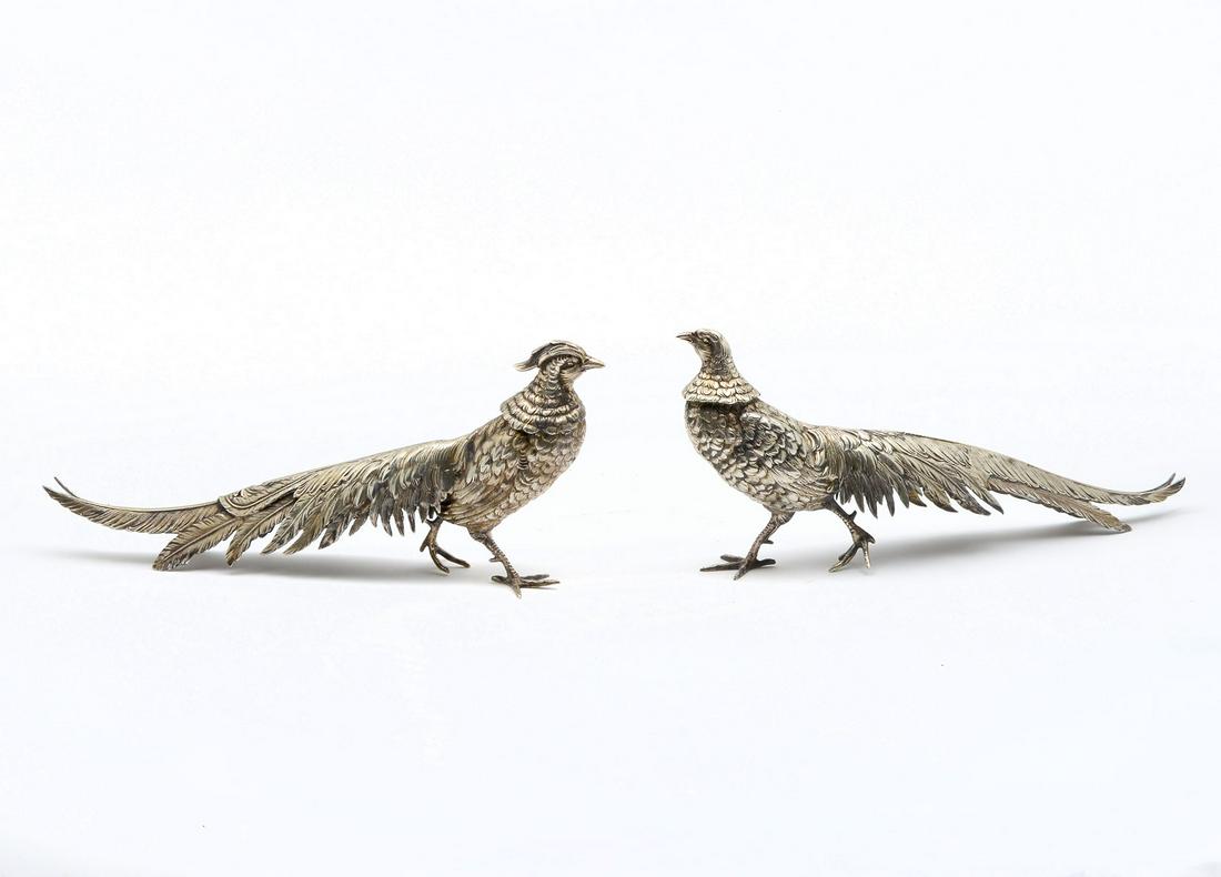 PAIR .800 SILVER TABLE PHESANTS: PAIR .800 SILVER TABLE PHESANTS: Approx. 36.45 Troy ounces. Set of male & female Gold washed continental Silver Pheasants. Both have impressed .800 stamps flanking an illegible makers mark at undersid