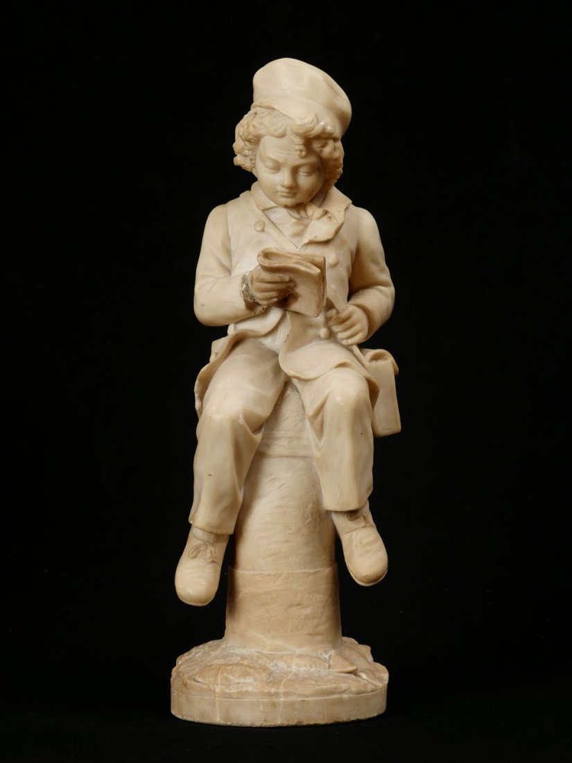 ITALIAN ALABASTER SCULPTURE OF A YOUNG BOY READING: ITALIAN ALABASTER SCULPTURE OF A YOUNG BOY READING: approximately 19" in height, no visible signature