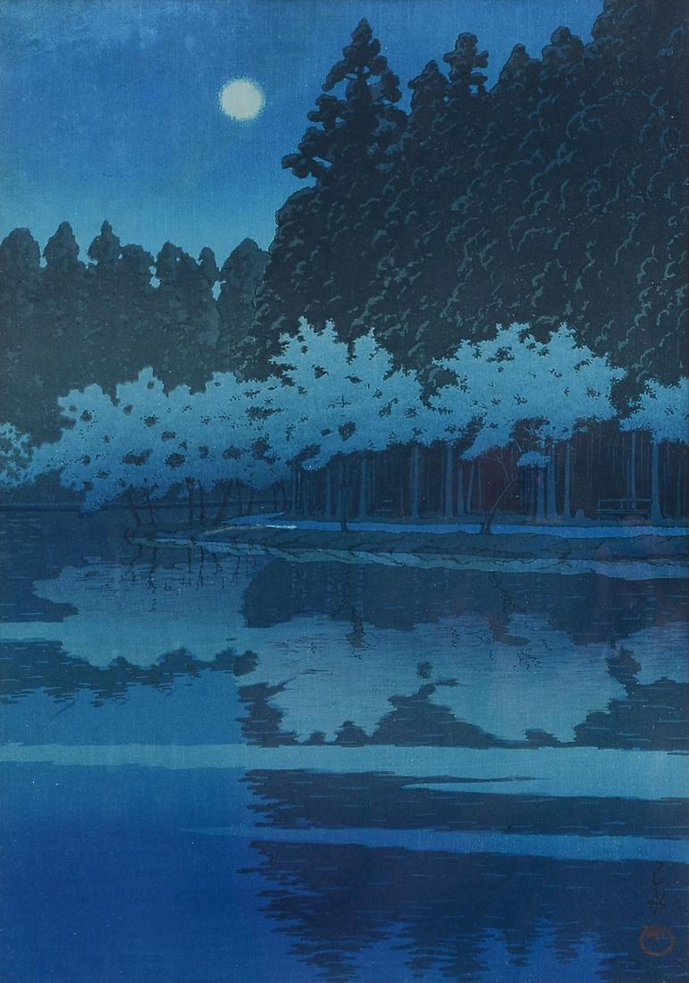 KAWASE HASUI JAPANESE WOODBLOCK PRINT: KAWASE, Hasui, (Japan, 1883-1957): River Bend by Moonlight, Woodblock Print, 15.5" x 10.25" with the margins, framed, 19" x 14.5".
