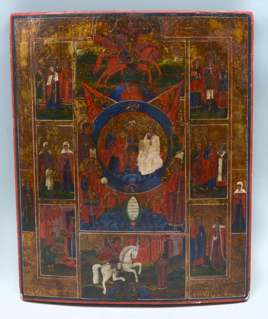 LARGE EARLY MULTI-PANEL ICON: LARGE EARLY MULTI PANEL ICON, a bowed wood panel, 17.5" x 14.5", panel consists of 10 different scenes. Provenance: Fred S. and Rosemary Johnston Estate.