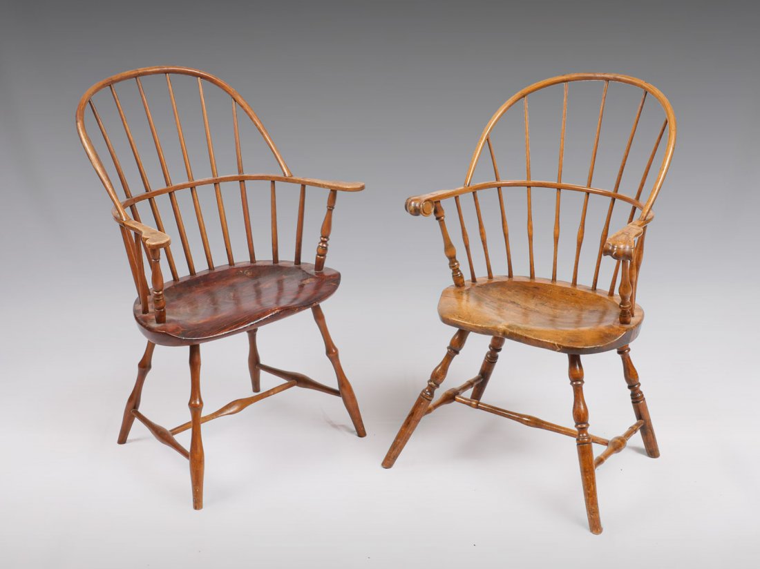 2 PC. WINDSOR BOW-BACK CHAIRS: 2 PC. WINDSOR BOW-BACK CHAIRS: 2- Windsor chairs having spindle back splat. Approx. 36.25" h x 24.25" l x 22" w.
