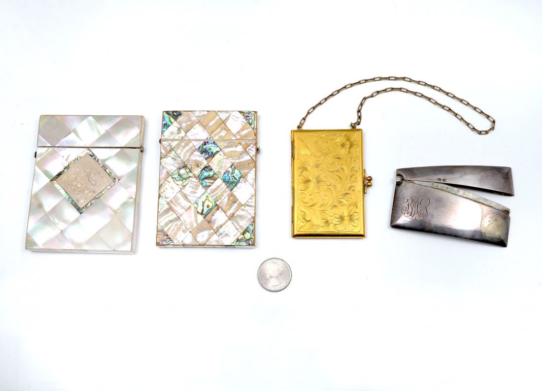 4 PIECE BUSINESS CARD HOLDER COLLECTION: 4 PIECE BUSINESS CARD HOLDER COLLECTION: Comprising; 1- of Mother of pearl with a carved bird in foliate medallion, 1- of Abalone, 1- Gentleman's Sterling curved card case, monogrammed, & 1- Gold tone