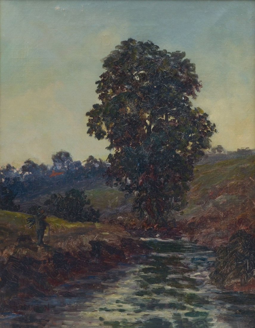 ENGLISH LANDCAPE PAINTING WITH MAN WALKING: ENGLISH LANDCAPE PAINTING WITH MAN WALKING SIGNED H. ROBINSON: Oil/Canvas, 20''x 16'', signed lower left, framed, 25''x 21''.