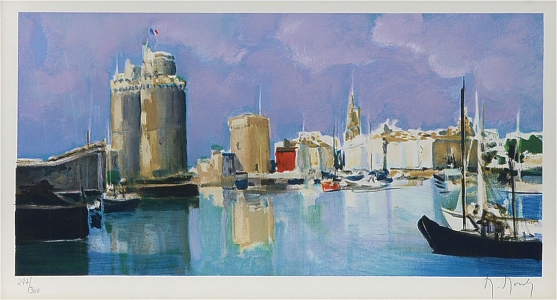MARCEL MOULY LITHOGRAPH LES TOURS DE LA ROCHELLE: MOULY, Marcel, (France, 1918 - 2008): ''Les Tours de la Rochelle'', Lithograph 12.5'' x 23.5'', pencil signed lower right, numbered 277/300 lower left, framed 28.5'' x 39''.