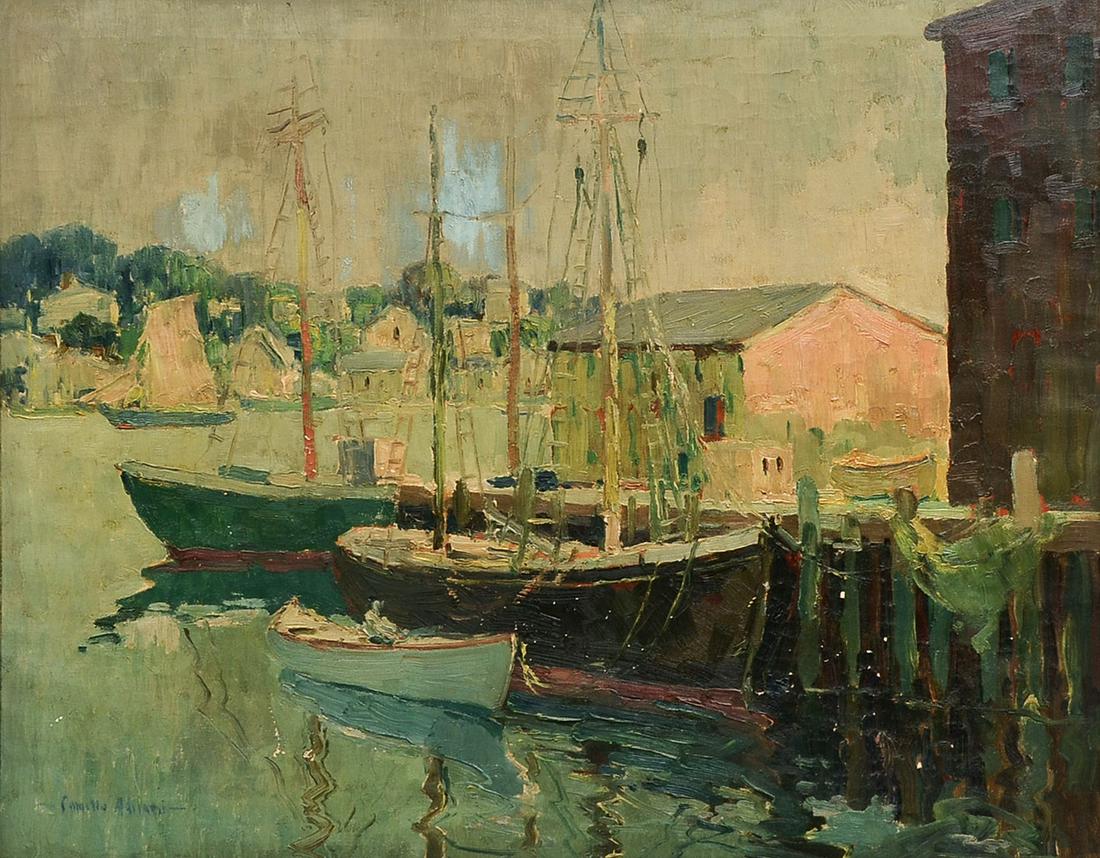CAMILLO ADRIANI ROCKPORT DOCKSIDE PAINTING: ADRIANI, Camillo, (American, Early 20th C.): Rockport Dockside Scene, Oil on Canvas, 24'' x 30'', signed lower left, encased in original gilded impressionist frame, 29.5'' x 35.5''.