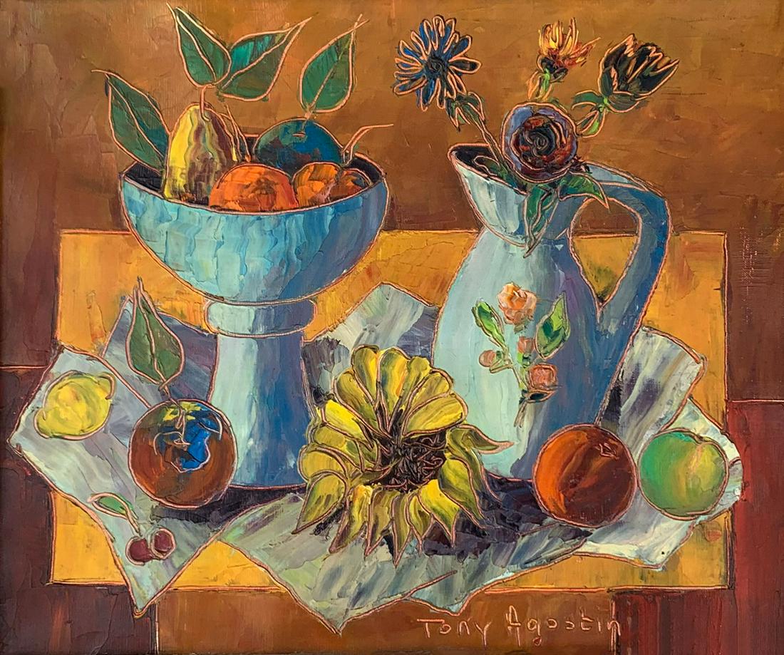 TONY AGOSTINI STILL LIFE PAINTING: AGOSTINI, Tony, (Italy, 1916-1990): ''Composition au Soleil'' a Still Life Painting, Oil/Canvas, 9'' x 11'', signed lower right, titled signed and dated 1970 verso, original carved and painting frame,