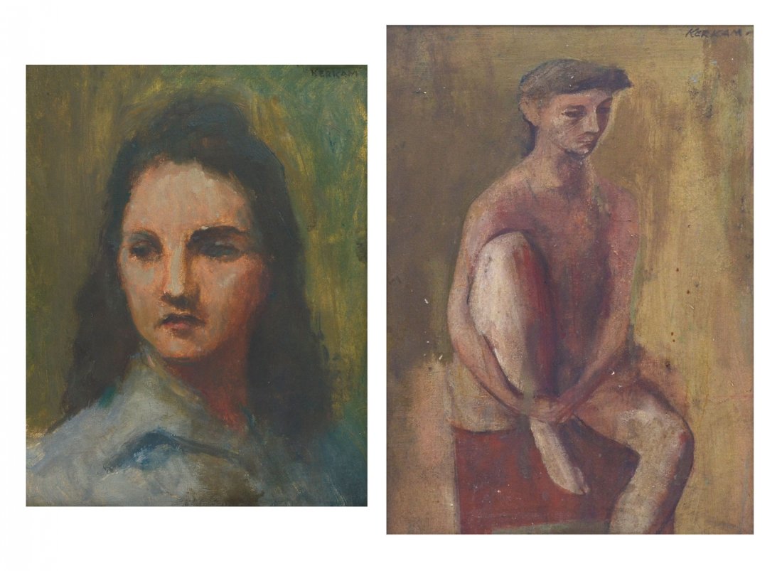 TWO PORTRAIT PAINTINGS BY KERKAM: KERKAM, Earl, (American, 1891-1965): 1) "Portrait of a Young Beauty", Oil/Canvas board, 14" x 11", signed upper right, month verso painting February 1947 by Earl Kerkam at his studio on west 54th, fra