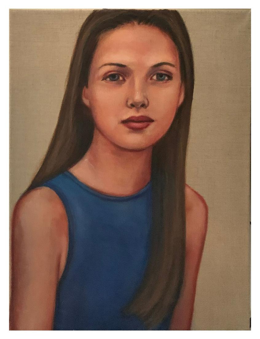 KIM MCCARTY PAINTING GIRL (BLUE): MCCARTY, Kim, (American, b. 1956): "Girl (Blue)", Oil on Linen, 24" x 18", titled, signed and dated '03 on the canvas verso, Alysia Duckler Gallery label with price tag of $1800, unframed.