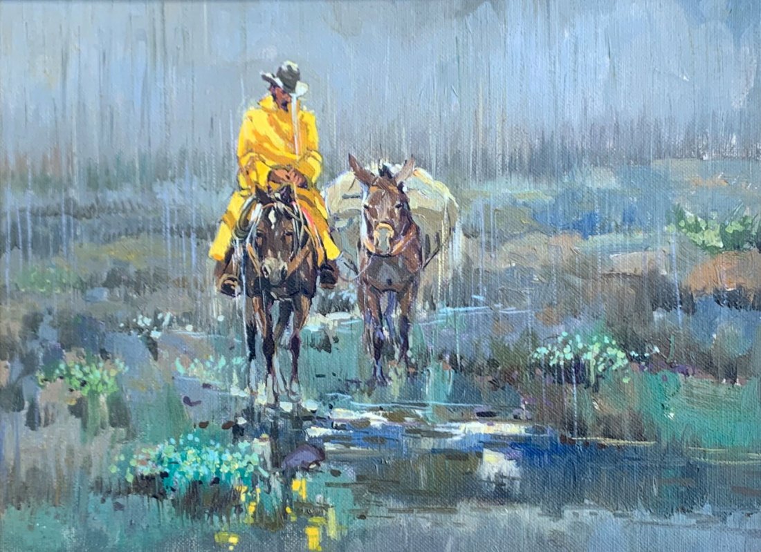 JESSE SANTOS COWBOY PAINTING: SANTOS, Jesse, (American, b.1928): A Cowboy Riding his Horse with Pack Horse in the Reign, Oil/Canvas, 12" x 16", signed lower margin, dated '76, original frame is 20.5" x 24.25".