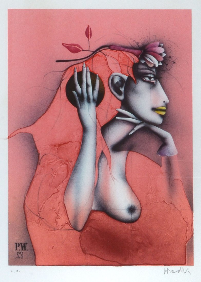 PAUL WUNDERLICH LITHOGRAPH SURREAL NUDE: WUNDERLICH, Paul, (German, 1927-2010): Surreal Nude Portrait, Lithograph, sight, 17.5" x 13.5", signed lower right, marked EA lower left, fine painted metal framing, 27" x 23".