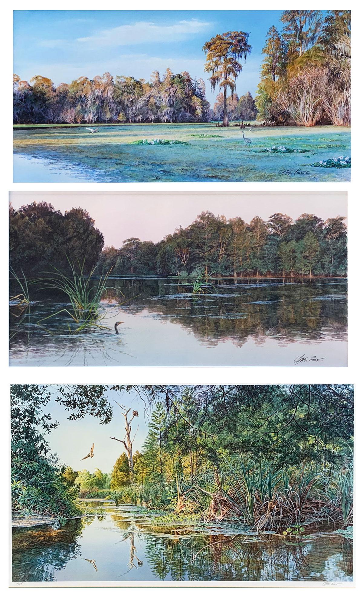 THREE PIECE CHARLES ROWE FLORIDA LANDSCAPE LOT: ROWE, Charles, (American, 1950): Three piece art lot to include two watercolors and one offset lithograph, 1) Original Watercolor, River landscape with herons, 6.5'' x 12.25'', Signed lower right, Fra