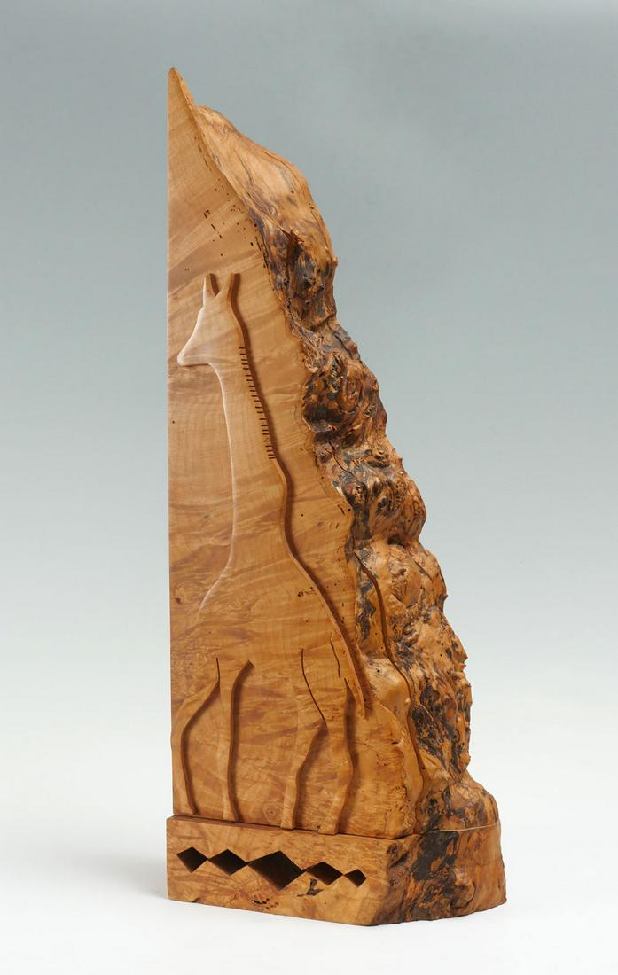 MICHAEL ELKAN BURLWOOD BOX: ELKAN, Michael, (American, 1942-2014): Giraffe Motif Burlwood Box, 28.75'' h., hinged lid has magnetic latch, opens to reveal secret compartmented interior.