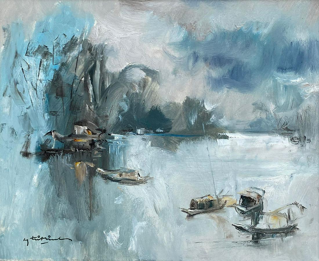 NGUYEN TRIMINH VIETNAMESE RIVER PAINTING: TRIMINH, Nguyen, (Vietnamese, 1924-2010): Vietnamese River Scene with Junks, Oil/Canvas, 15" x 18", signed lower left, also signed on canvas verso, original frame, 21.5" x 24.5".