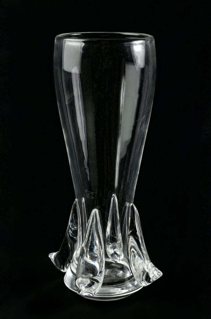 STEUBEN SIGNED CRYSTAL VASE: STEUBEN SIGNED CRYSTAL ''LYRE'' VASE: Tall crystal ''Lyre'' vase, by Steuben, having attached flaring accents. Signed at underside. Approx. 13'' h x 6.5'' w.