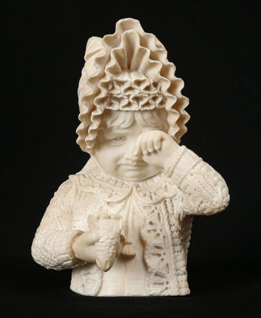 ITALIAN ALABASTER SCULPTURE OF GIRL CRYING: ITALIAN ALABASTER SCULPTURE OF GIRL CRYING, HOLDING BIRD: 11.5" in height.