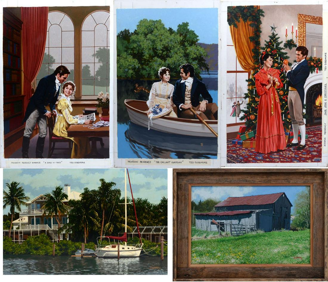 5 ORIGINAL TED SIZEMORE ILLUSTRATION PAINTINGS: SIZEMORE, Ted, (American 20th Century): 5 Piece Lot to Include: 1) ''A Bird in Hand''; 2) ''The Gallant Guardian''; 3) ''Once Upon a Christmas''; 4) ''Florida Waterfront Home''; 5) Gouache, ''Old Barn