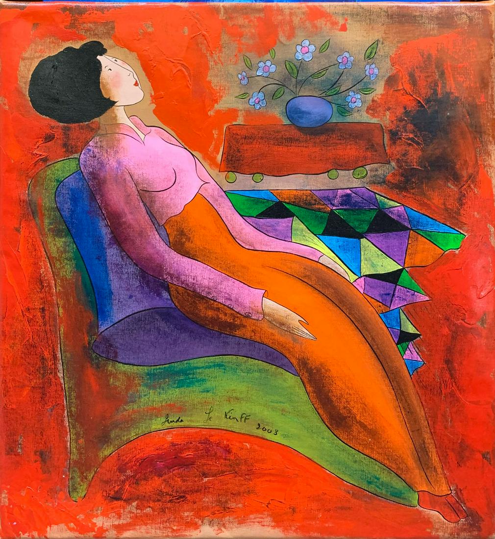 LINDA LE KINFF PAINTING RECLINING BRUNETTE BEAUTY: LE KINFF, Linda (France, 1949): ''Reclining Brunette Beauty'', Oil/Canvas, 29'' x 27'', signed in the lower margin and dated 2008, numbered 223238 verso on the canvas.