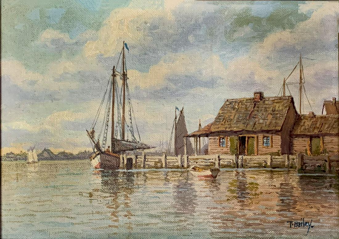 THOMAS BAILEY/WILLIAM PASKELL NANTUCKET PAINTING: PASKELL, William, (American, 1866-1951): Nantucket Harbor Dockside Scene, Oil/Canvas, 10'' x 14'', signed T. Bailey lower right, original carved and painted frame, 12.25'' x 16.5''. T. Bailey was one 