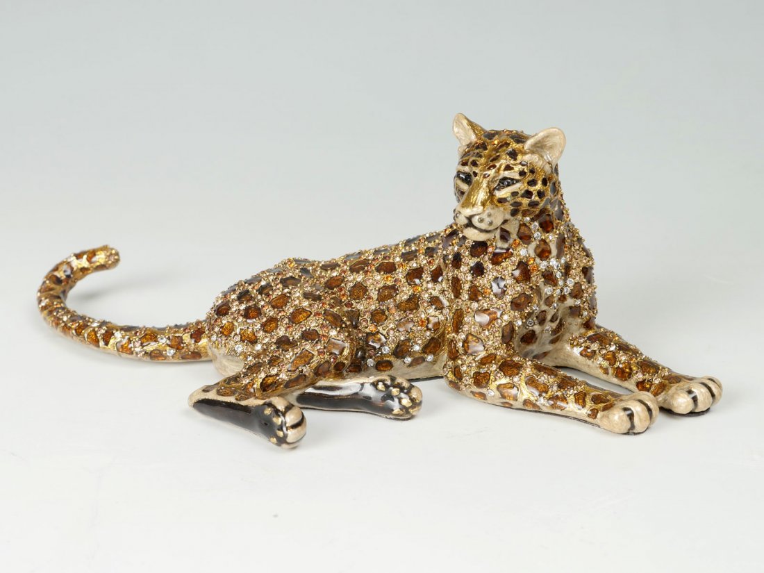 JAY ARMSTRONG ENAMEL & CRYSTAL "PAXTON" CHEETAH: JAY STRONGWATER ENAMEL & CRYSTAL RECLINING CHEETAH: Reclining cheetah from the Jungle Collection. Tan/topaz/black/cream hand painted enamel over metal. Hand-set Swarovski crystals. 3.5" H x 9" L. Sign