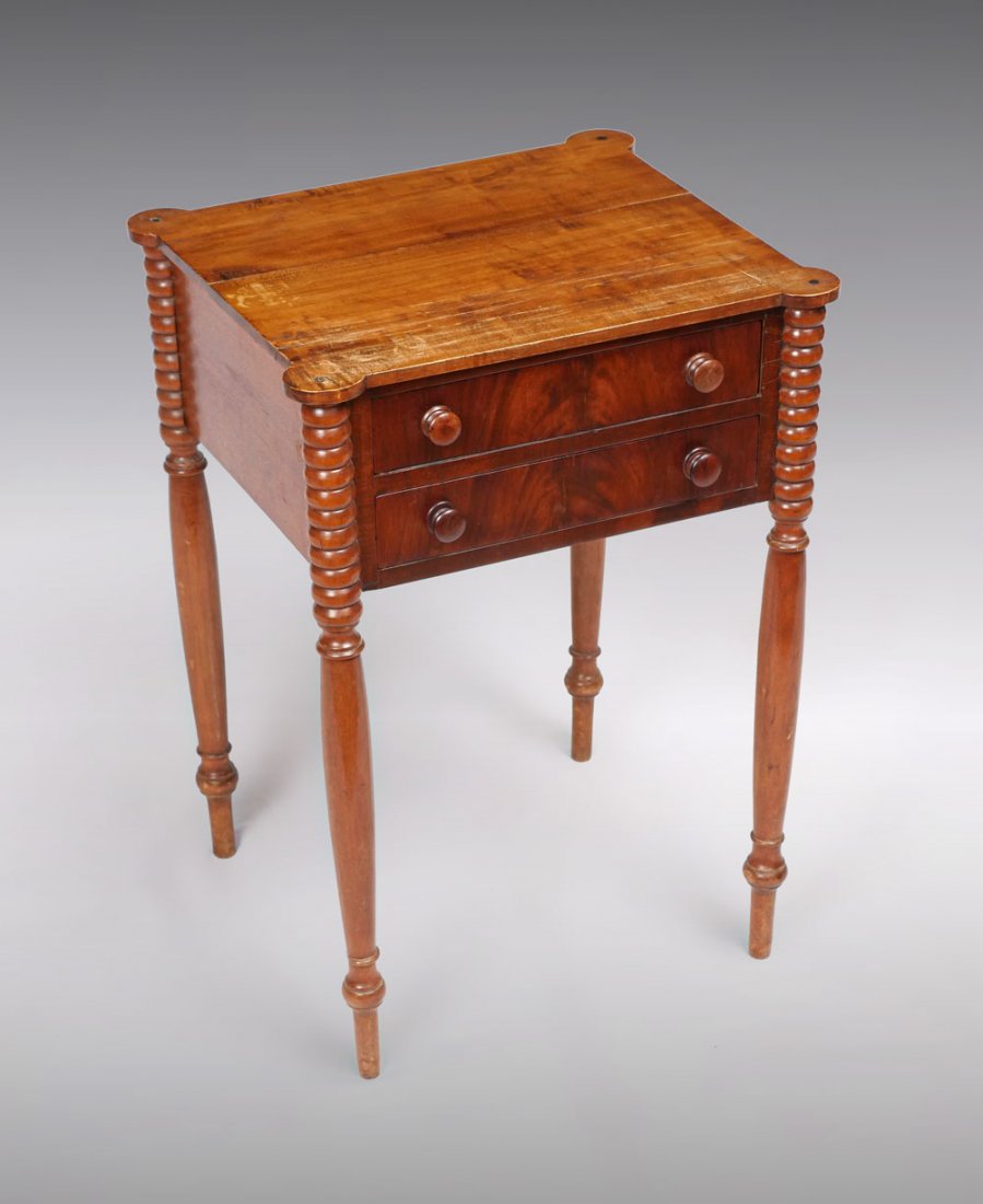 COUNTRY SHERATON 2 DRAWER STAND: COUNTRY SHERATON 2 DRAWER STAND: Sheraton 2 drawer stand, of wood peg construction, having turned pulls. Raised on turned legs. Approx. 28.5" h x 20.75" l x 18" w.