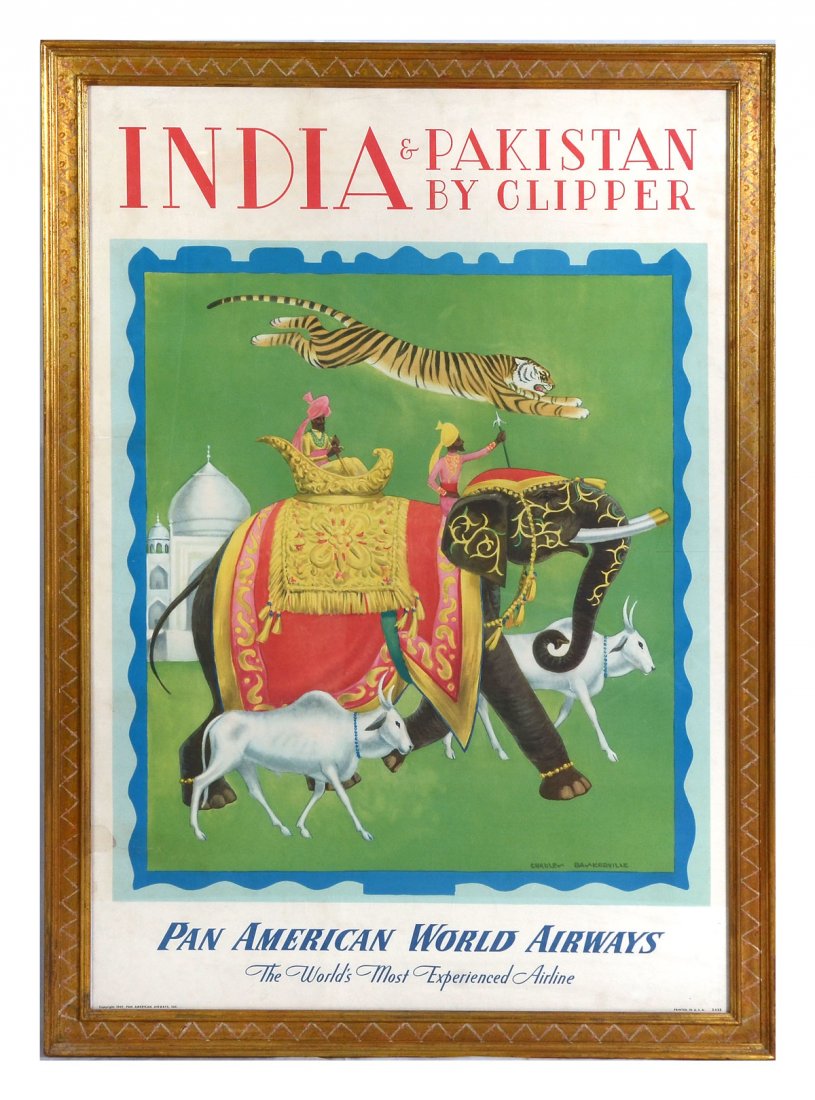PAN AMERICAN AIRLINES POSTER: PAN AMERICAN AIRLINES POSTER: 41.5" x 27.5" sight size, Artist Charles Baskerville, "India and Pakistan by Clipper", framed, 45.5" x 31.5".