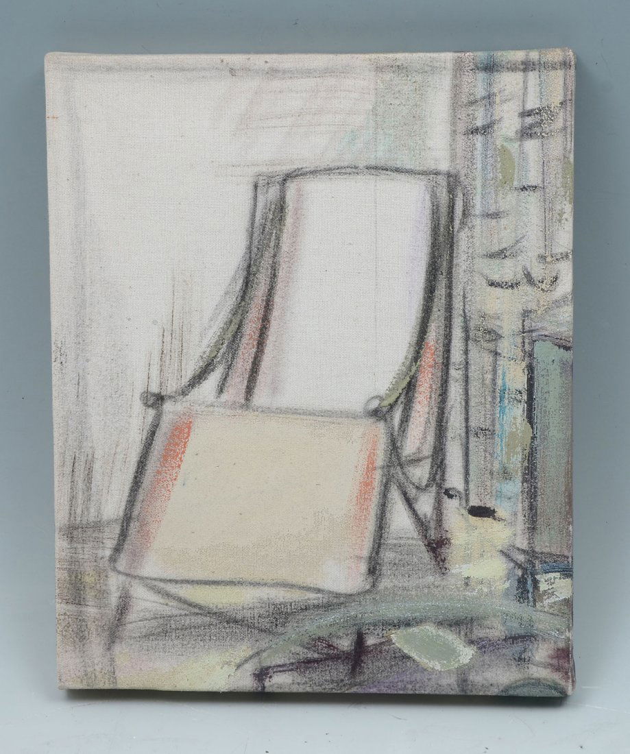 MERLIN JAMES THE LEATHER CHAIR PAINTING: JAMES, Merlin, (Irish, 1960-): "The Leather Chair", Oil/Canvas, 12.5" x 10", Kerlin Dublin Ireland Gallery label affixed verso, titled on the canvas verso, unframed.