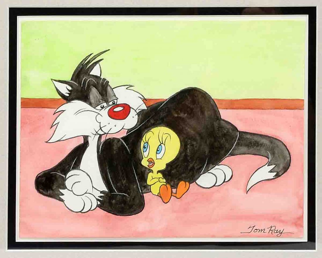 2 TOM RAY ORIGINAL SIGNED WATERCOLORS: RAY, Tom, (American, 1919-2010): 2 original mixed media drawings, 1) "No One Here but us Chickens" featuring Tom the Cat, Watercolor and Pen/Ink, 9" x 12", signed lower right, framed, 15" x 18", Park