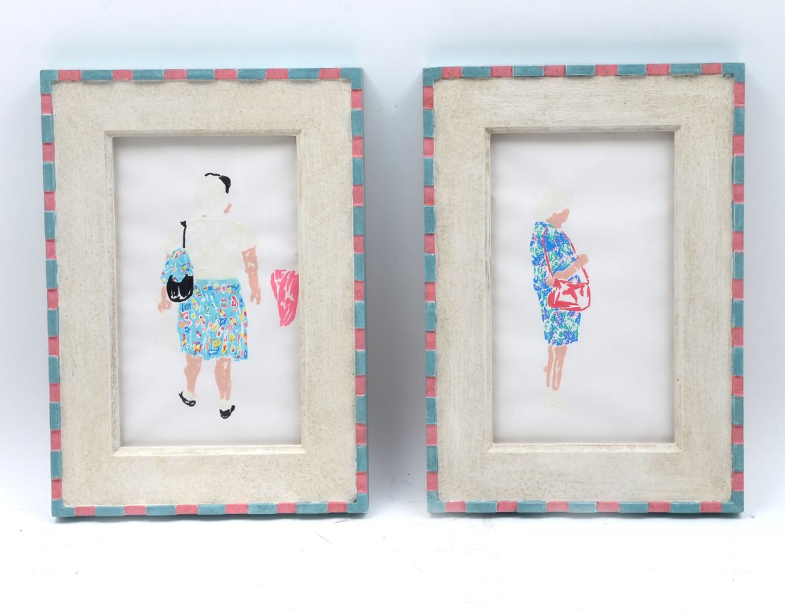 RYOKO AOKI DIPTYCH: AOKI, Ryoko, (Japanese, 1973-): "Disappear", Felt Tip Pen and Fabric Paint on Paper, Diptych, 8.5" x 4.75 each, custom painted frames, 11" x 7.75". From Kodama Gallery, DVD disc affixed verso.