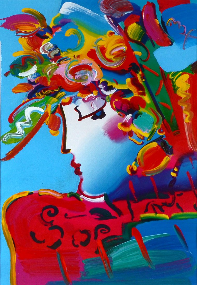 LARGE PETER MAX MIXED MEDIA BLUSHING BEAUTY II: MAX, Peter, (American, 1937-): "Blushing Beauty II", Mixed Media, sight, 35" x 23", signed upper right, framed 49" x 37.5", Park West info affixed verso from 2010.