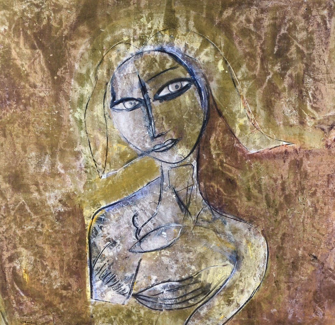 JAMALI MIXED MEDIA ON PAPER: JAMALI, (Pakistani, 1944-): Portrait of a Young Girl, Mixed Media on Paper, sight, 28" x 27.5", signed lower left, custom framing, 39" x 39".