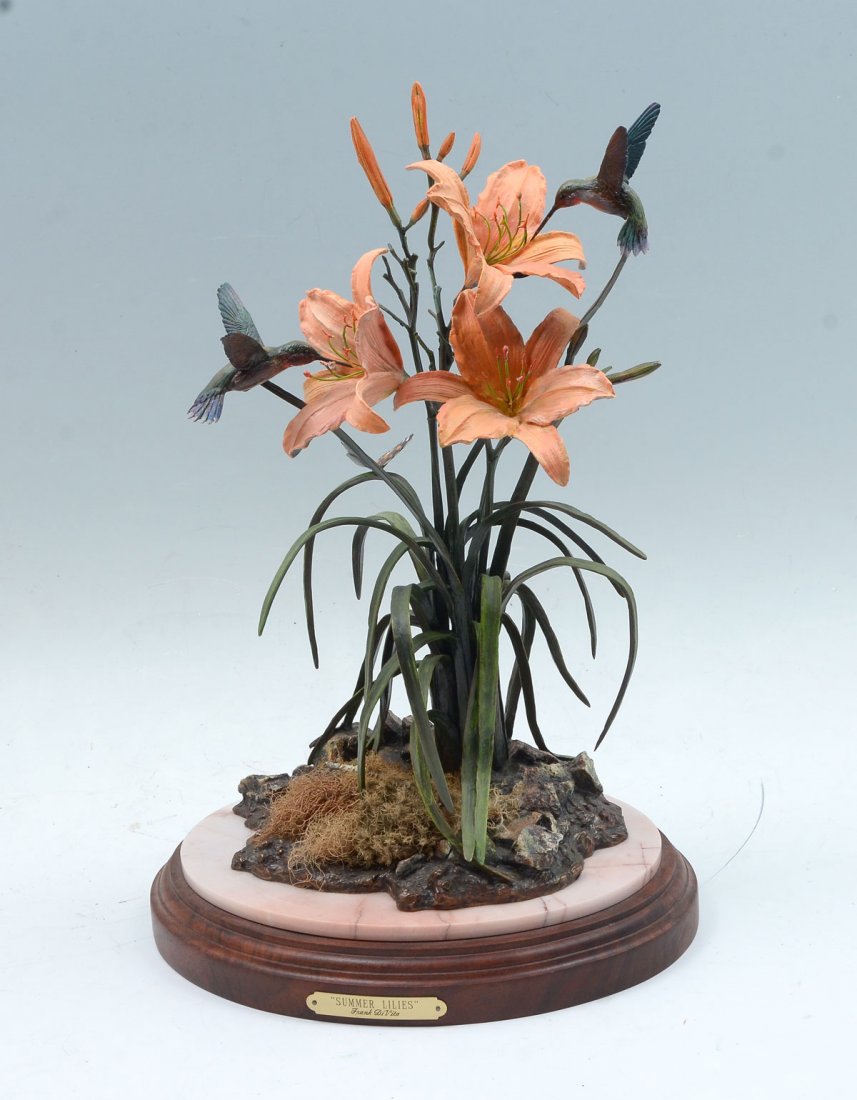 FRANK DIVITA BRONZE SUMMER LILLIES: DIVITA, Frank, (American, 1949-): "Summer Lillies", Hummingbirds and Butterfly with Lillies, Painted Bronze, signed and numbered 28/135, affixed to wood and marble plinth, approximately 19" h. Provena