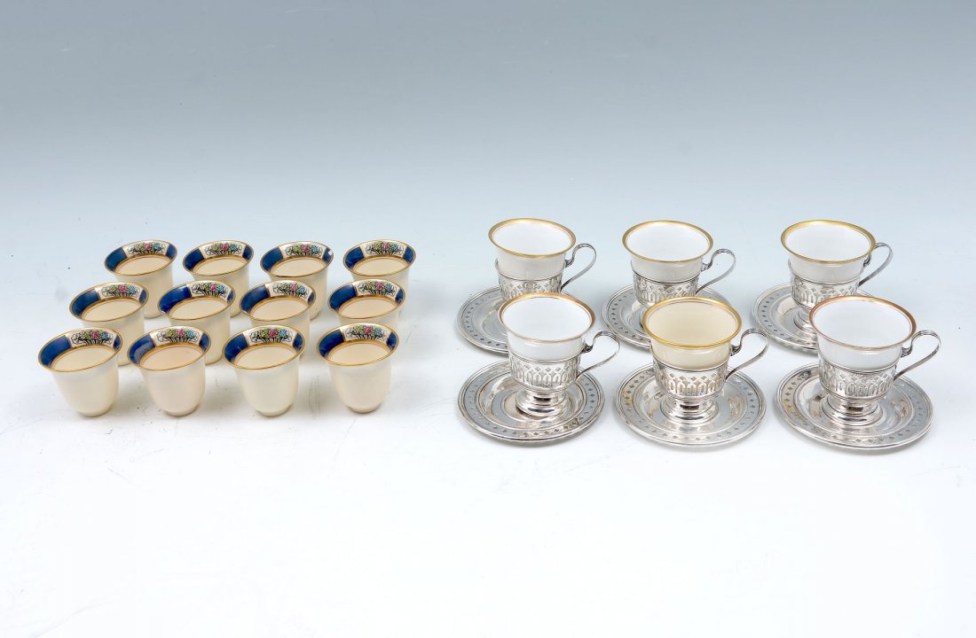 STERLING SILVER TEACUPS WITH LENOX PORCELAIN: STERLING SILVER TEACUPS WITH LENOX PORCELAIN INSERTS: Approx. 11.60 Troy ounces. Comprising; 6- Wallace Sterling cups and saucers with 6- Lenox porcelain inserts. Also included are 12- smaller extra i