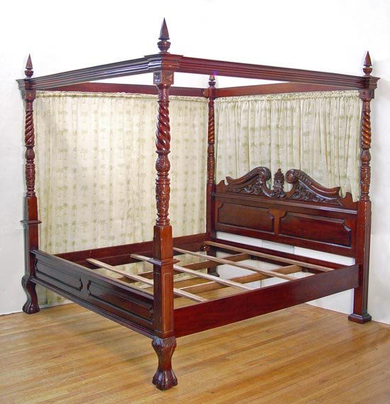 CONTEMPORARY CARVED MAHOGANY POSTER TESTER BED: CONTEMPORARY CARVED MAHOGANY POSTER BED: Sold with palm tree motif bed curtains for all four sides. Assembled measures 92'' high x 85 1/4'' wide x 90'' long.
