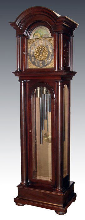 BAWO & DOTTER 9 TUBE MAHOGANY GRANDFATHER CLOCK: EARLY 20TH C BAWO & DOTTER 9 TUBE MAHOGANY GRANDFATHER CLOCK: Hand painted moon phase over a dial with forged numbers. Stamped B & D Limited on case and imported German works. Serial number 242059. 9