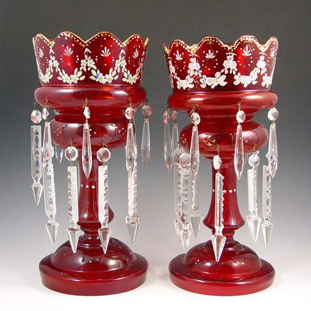 PAIR 19TH CENTURY RUBY GLASS MANTLE LUSTERS: PAIR 19TH CENTURY RUBY GLASS MANTLE LUSTERS: Double row of prisms, floral and gold decoration. Please note wear to gold and small chips to base of one, 14 1/2" high x 7" top dia.