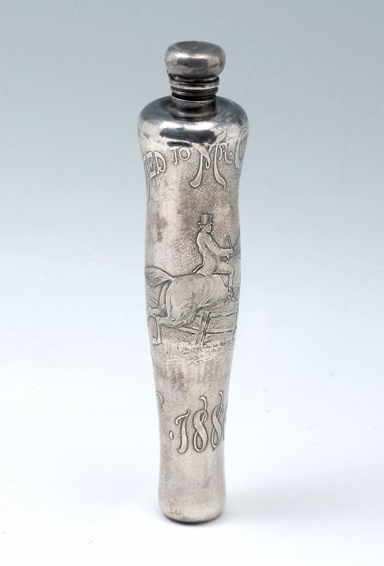 19TH C. WHITING STERLING SILVER HORSE AND RIDER FLASK: 19TH C. WHITING STERLING SILVER HORSE AND RIDER FLASK: Approx. 7.64 Troy ounces. Sterling Silver trophy flask, having a raised Rider on Horseback, jumping fence. Presented to O.S. Bird 1886, by P.F.C.