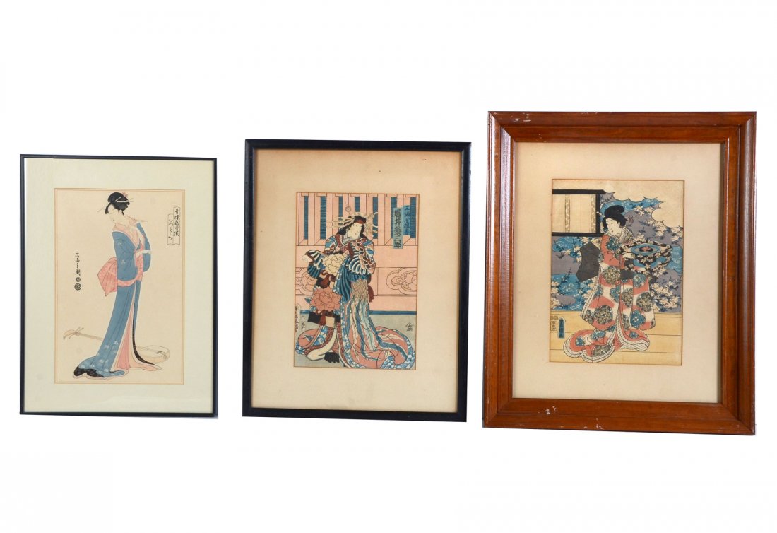 THREE PIECE JAPANESE WOODBLOCK PRINT LOT: THREE PIECE JAPANESE WOODBLOCK PRINT LOT: 1) Young Geisha holding a fan with musical instrument at her feet, Woodblock Print, sight size 14.5 x 9.5", framed, 20" x 15". 2) Female Kabuki Actor in Costu