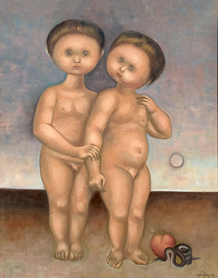 VELAZQUEZ PAINTING ADAM AND EVE AS INFANTS: VELAZQUEZ, Manuel, (Mexican, 20th C.: Surreal Scene Depicting Adam And Eve as Infants, Oil/Canvas, 28'' x 22'', signed lower right, framed, 38.5'' x 32.5''.